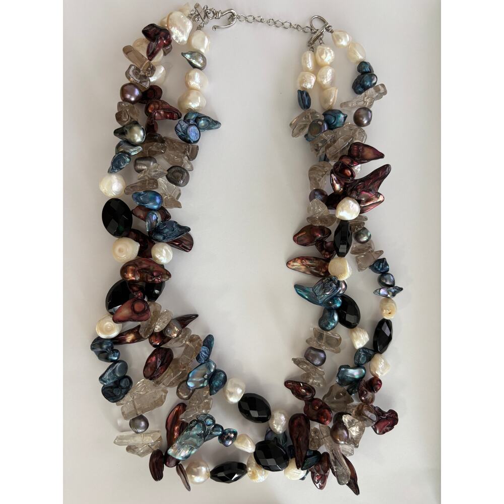 Cultured Freshwater Keshi Pearls Rock Crystal Blue Brown Multi Strand Torsade - Picture 2 of 3